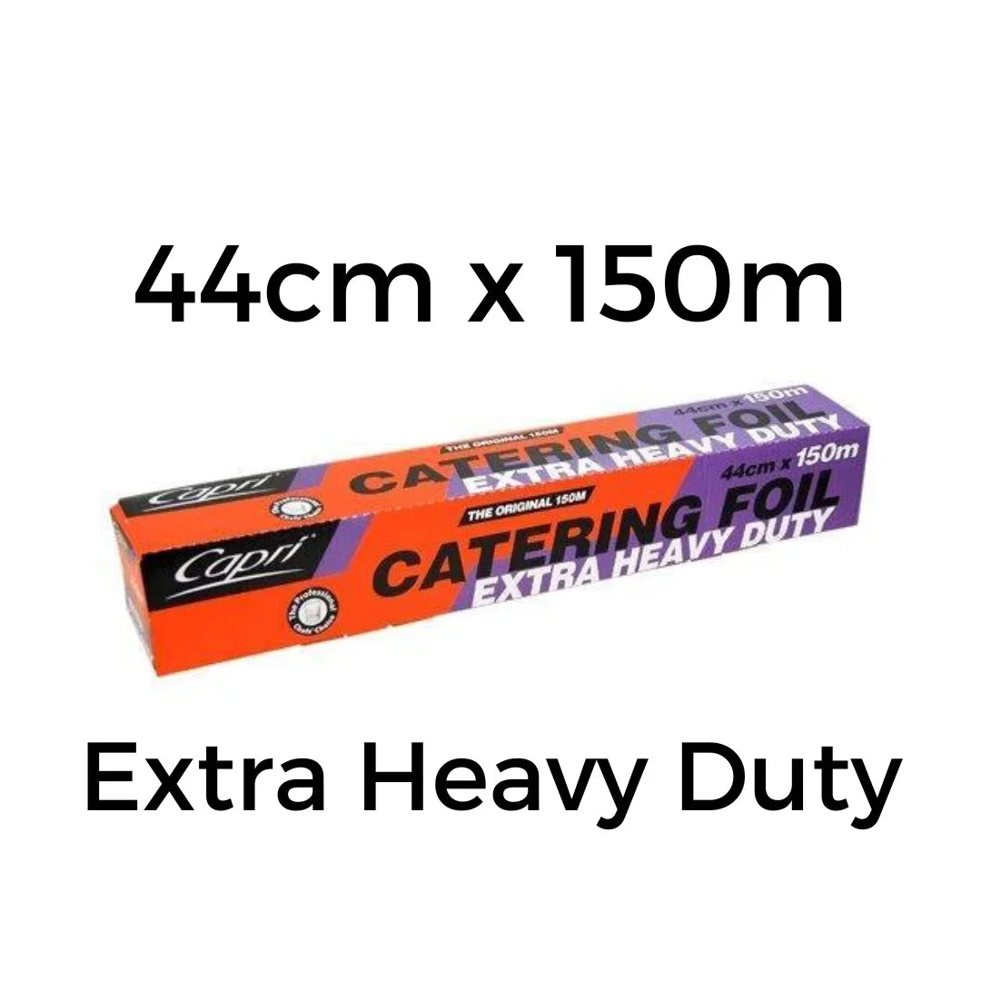 Capri extra heavy duty catering foil, 44cm x 150m roll in orange packaging.