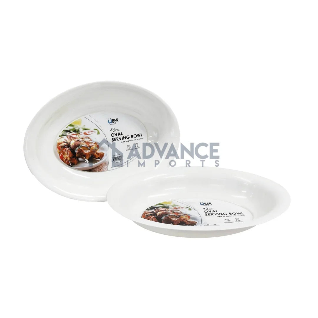 Two white Liber 43cm oval serving bowls for catering and food presentation