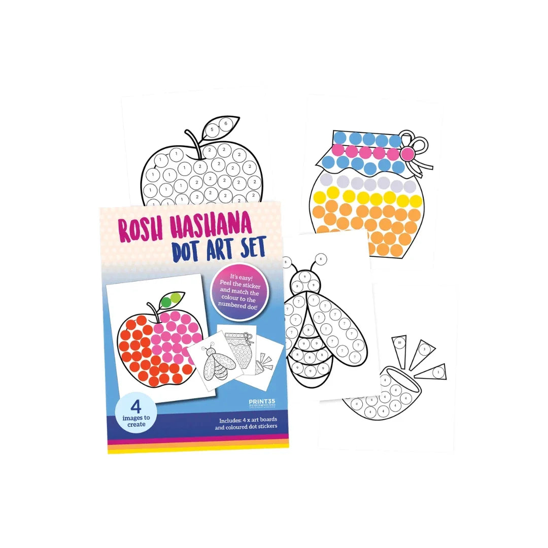 Rosh Hashana Dot Art Set for kids featuring apple, honey jar, and bee activity sheets.