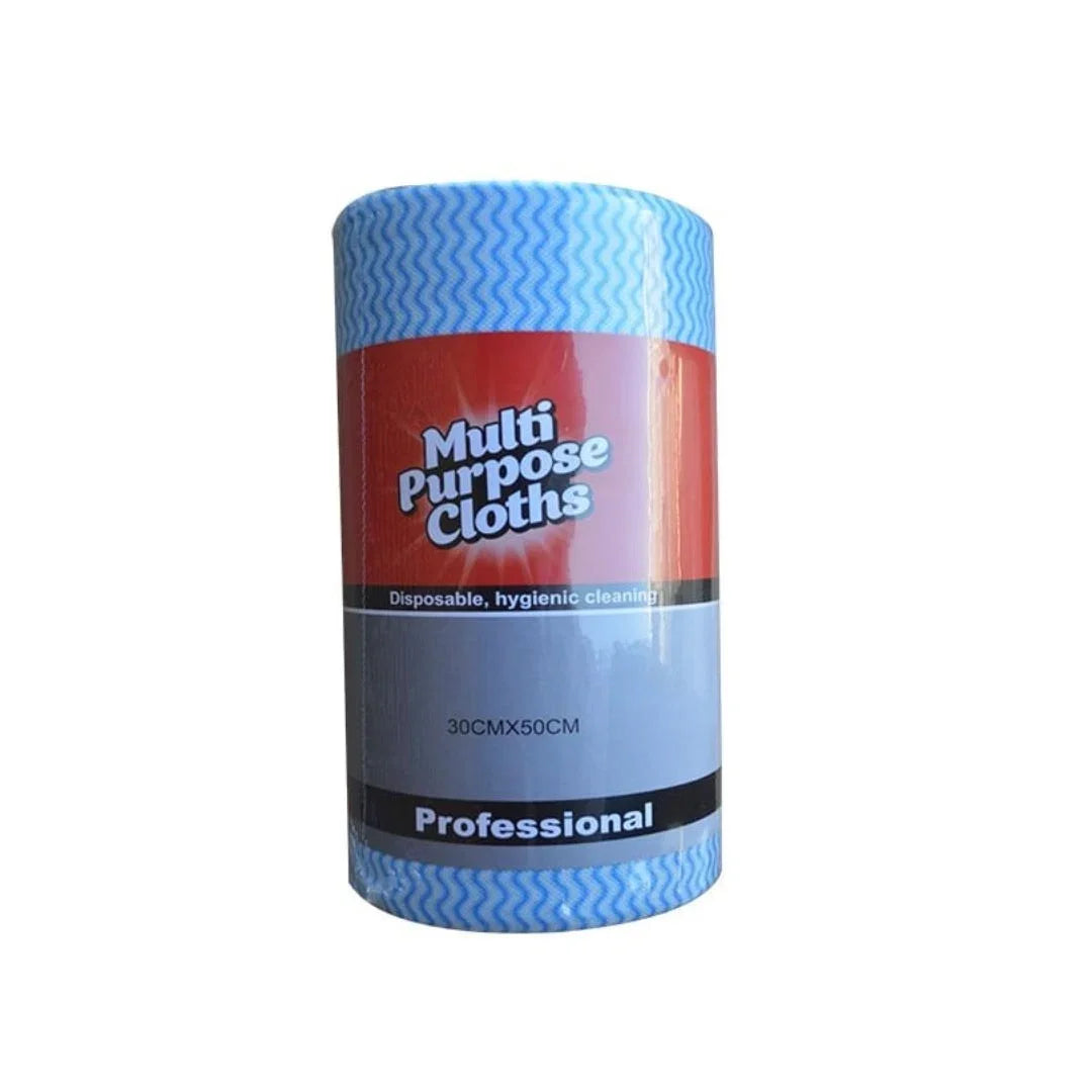 Roll of disposable blue and white patterned multi purpose cleaning cloths, 30cm x 50cm