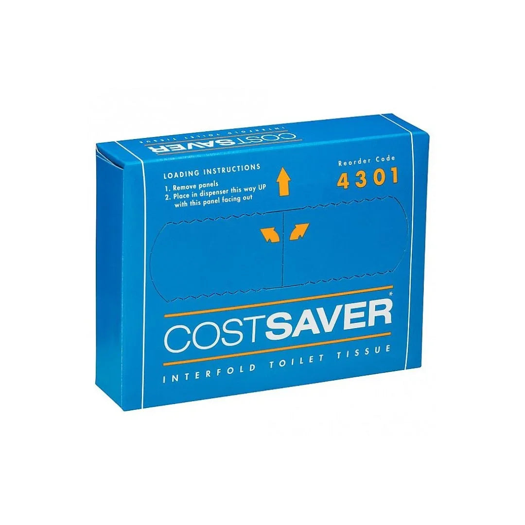 Costsaver interfold toilet tissue in a blue dispenser box with loading instructions