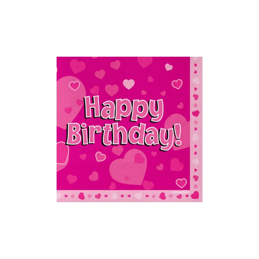 Pink happy birthday party napkin with heart patterns