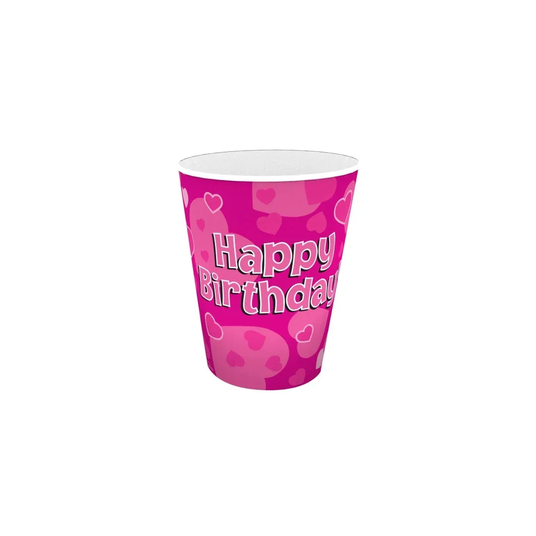 Pink Happy Birthday party paper cup with heart patterns