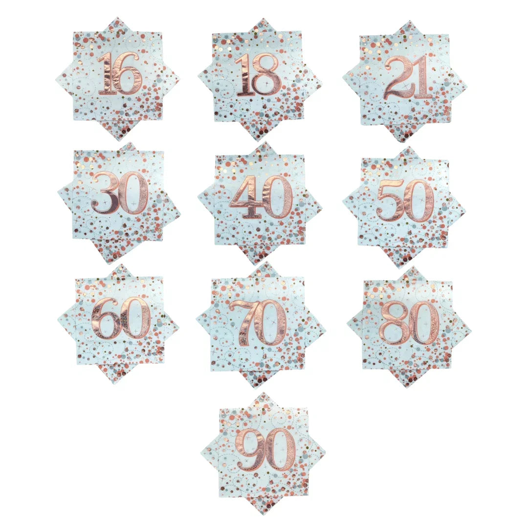 Rose gold glitter milestone birthday cake toppers from 16 to 90 on white backgrounds