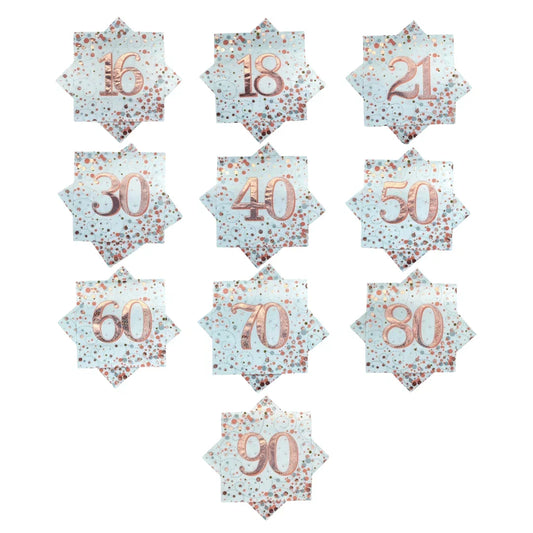 Rose gold glitter milestone birthday cake toppers from 16 to 90 on white backgrounds