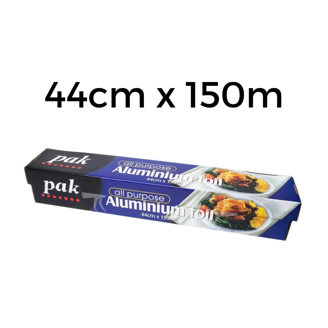 Two rolls of Pak all purpose aluminium foil, 44cm x 150m, in blue packaging.