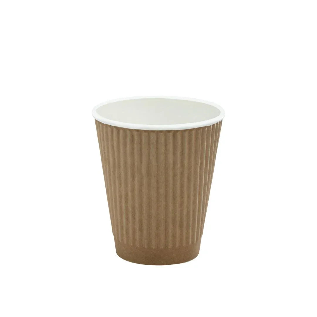 Brown ripple-walled disposable paper coffee cup with a white interior.