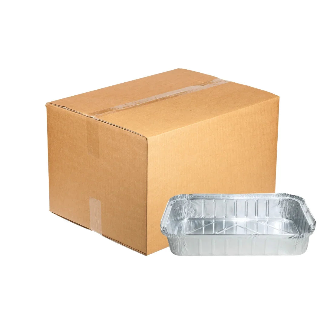 A brown cardboard shipping box next to a rectangular disposable aluminum foil catering tray.
