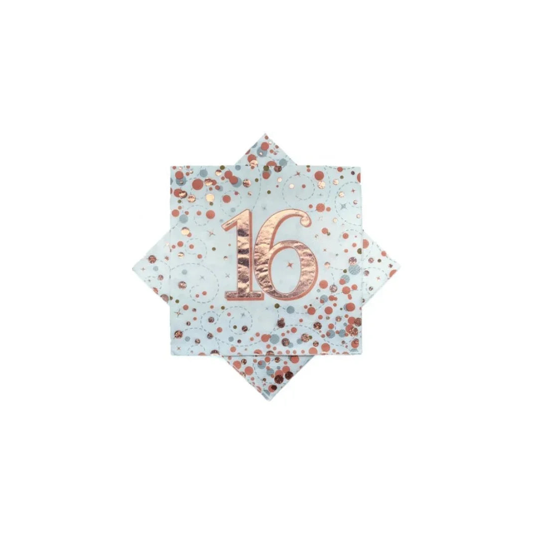 Rose gold foil number 16 on a white and rose gold confetti patterned star napkin