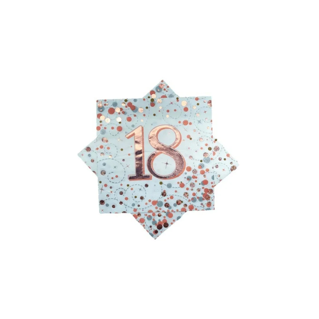 Rose gold '18' birthday party napkin with confetti pattern on light blue background