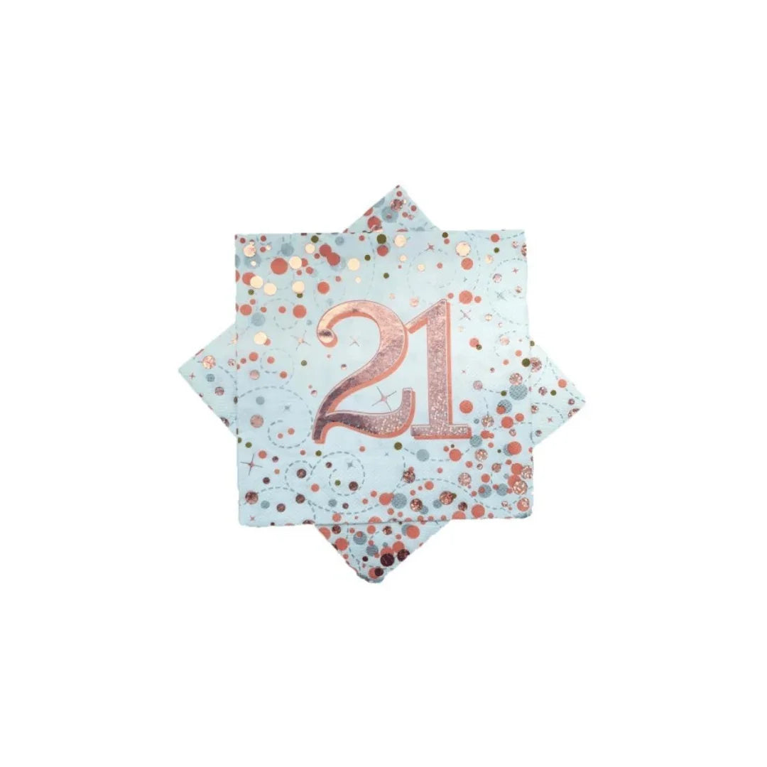 Rose gold 21st birthday napkins with blue glitter and confetti pattern