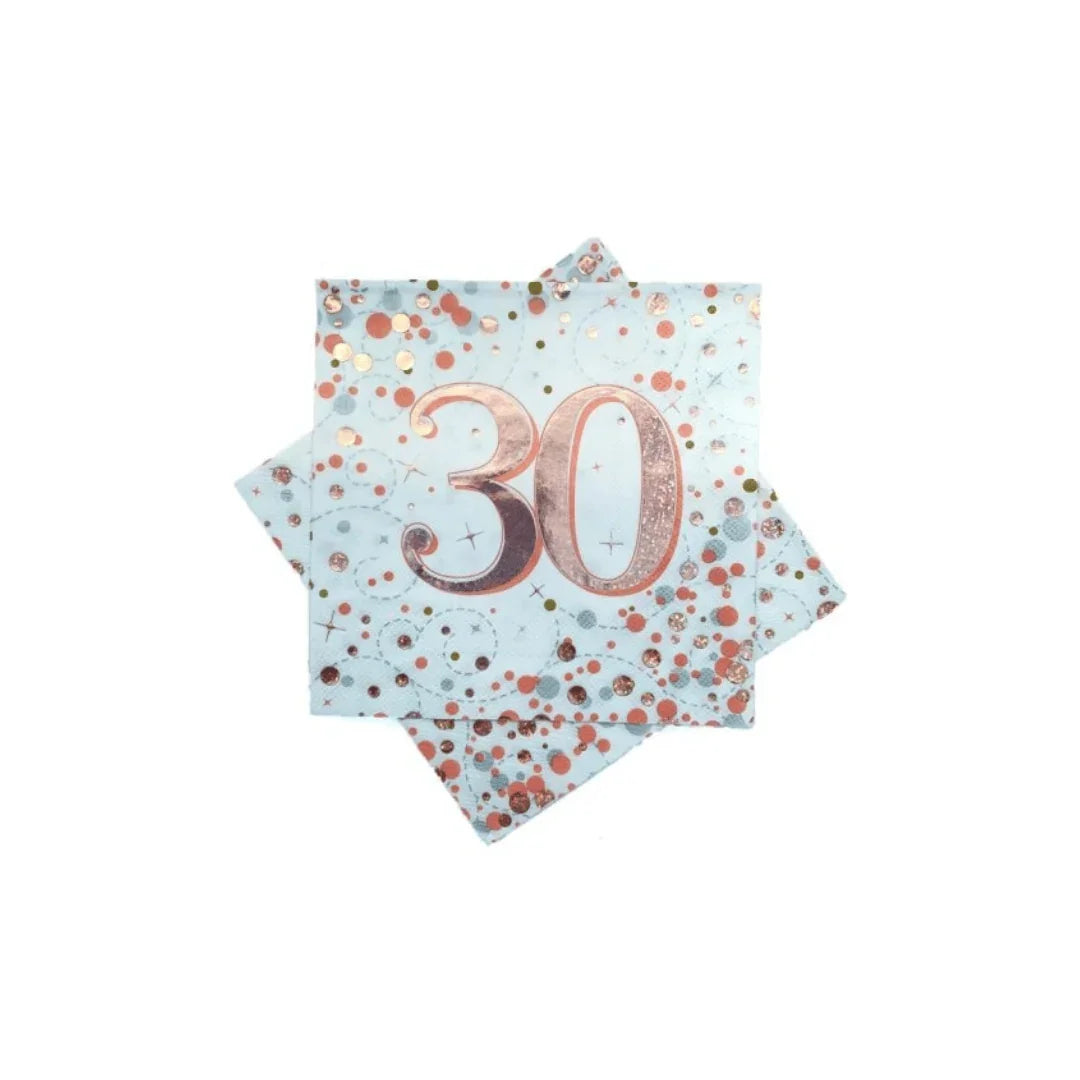 Rose gold 30th birthday themed party napkins with confetti patterns