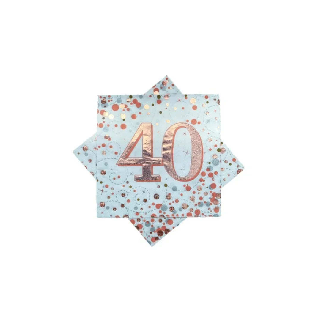 Light blue napkins with rose gold confetti and number 40 for 40th birthday celebrations