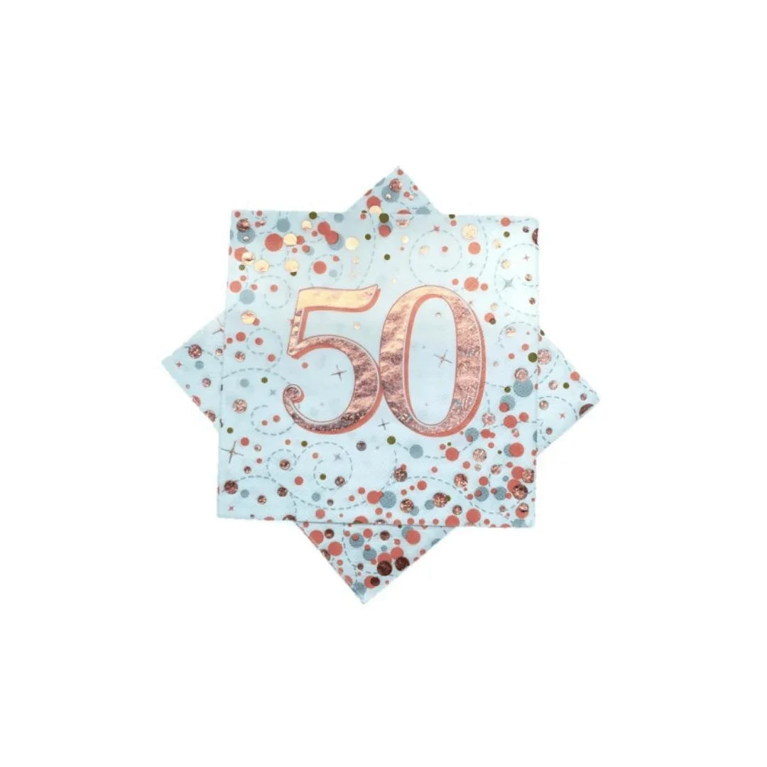 Rose gold 50th birthday napkins with glitter and confetti design