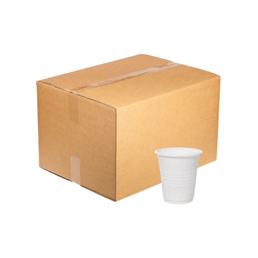 A large brown cardboard packaging box next to a white disposable plastic cup.