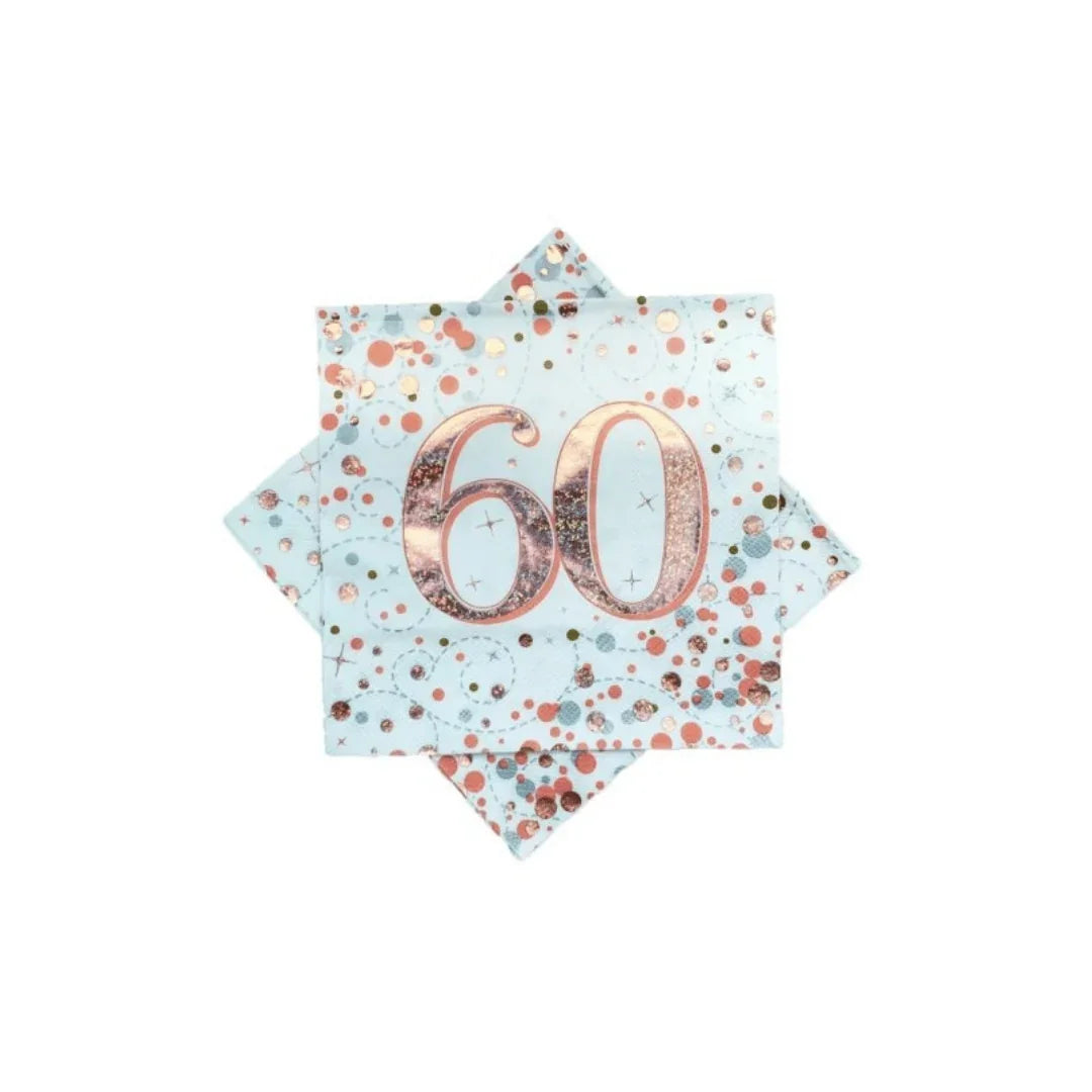 Rose gold 60th birthday napkins with confetti pattern on a white background