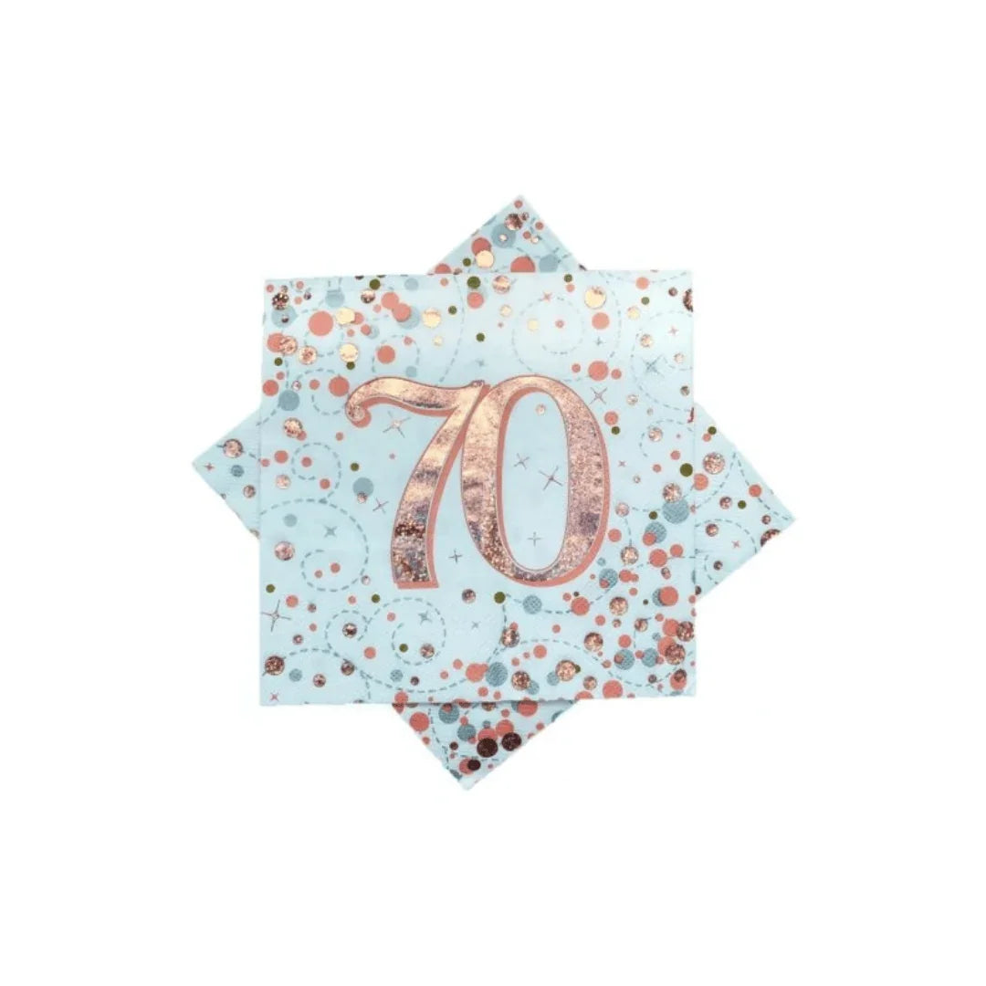 Light blue 70th birthday napkins with rose gold confetti and glittery numbers