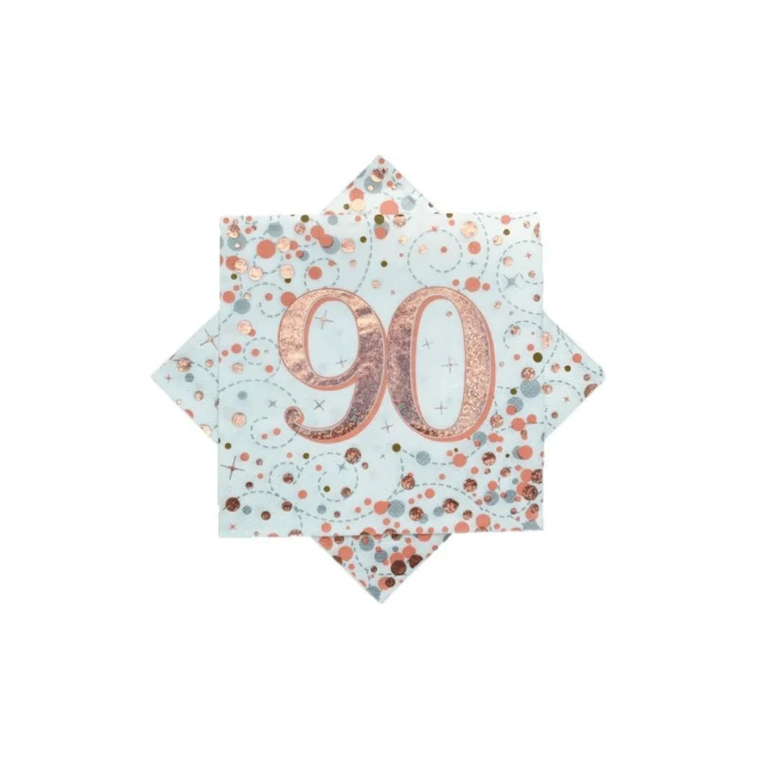 Rose gold 90th birthday celebration star-shaped napkin with confetti patterns