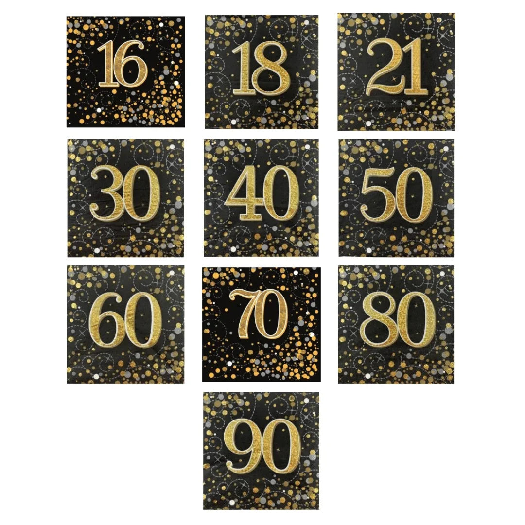 Set of black square napkins with gold glitter numbers for various milestone birthdays