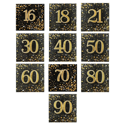Set of black square napkins with gold glitter numbers for various milestone birthdays