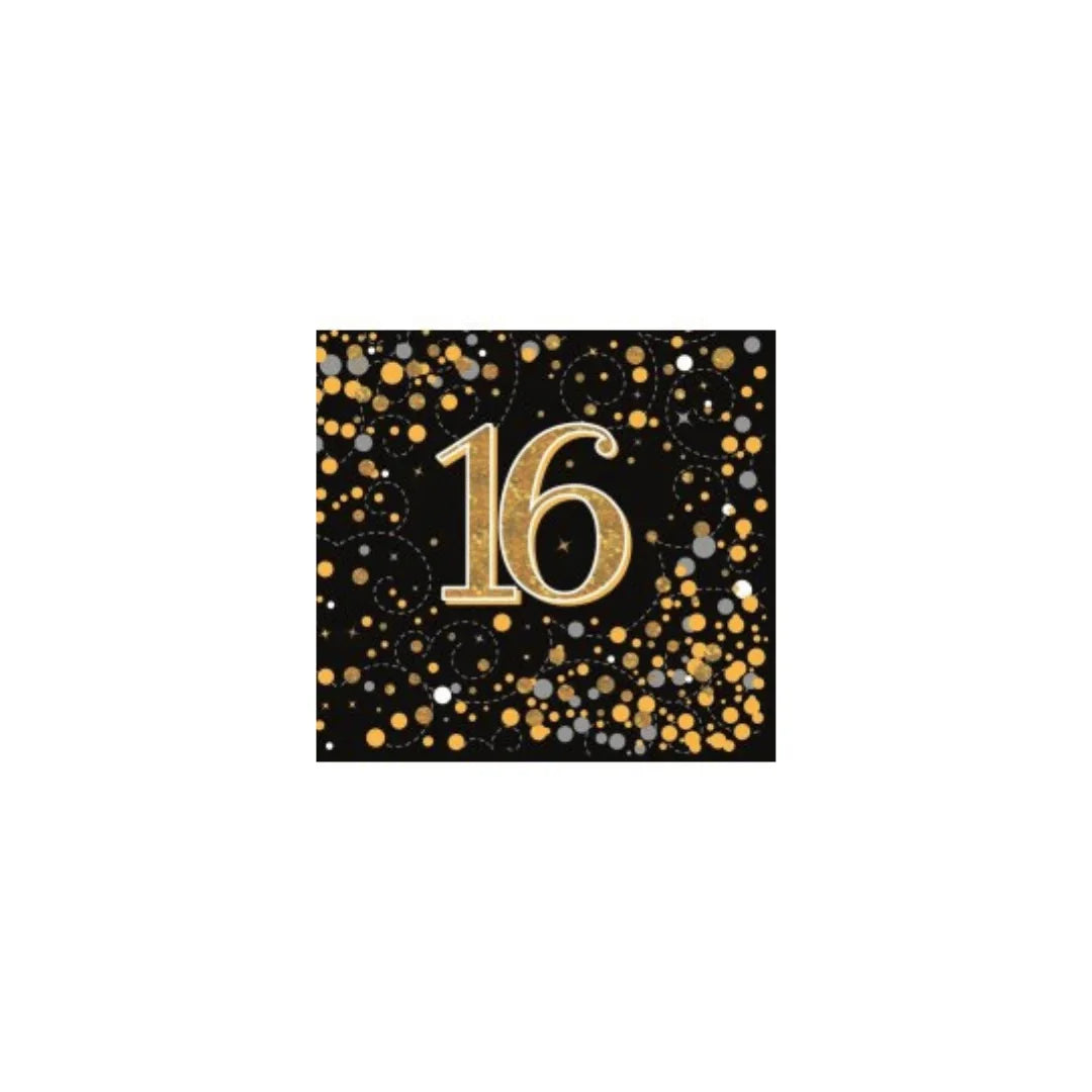 Gold glitter number 16 on a black background with gold and silver confetti