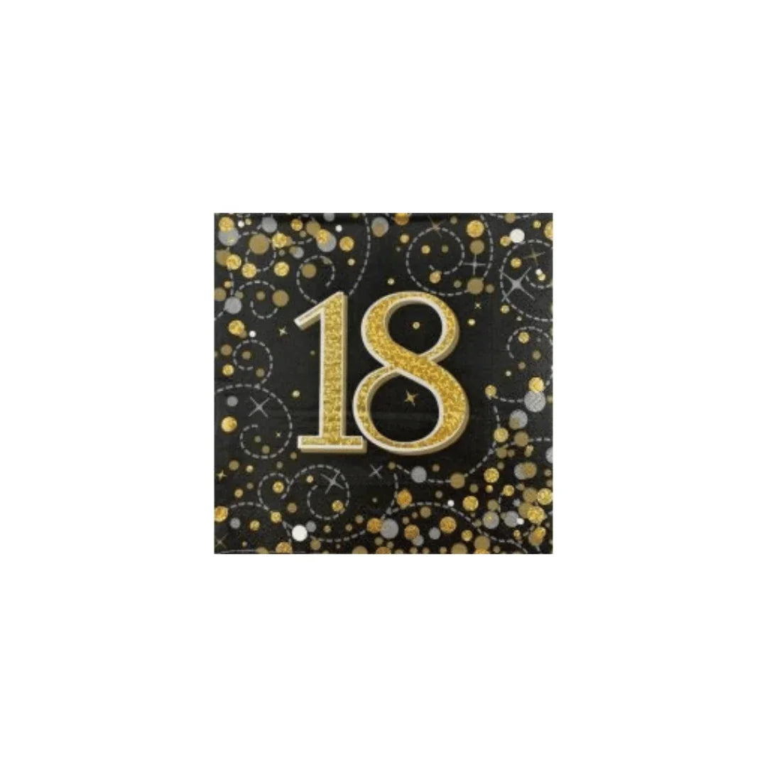 Gold glitter number 18 on a black background with gold and silver confetti