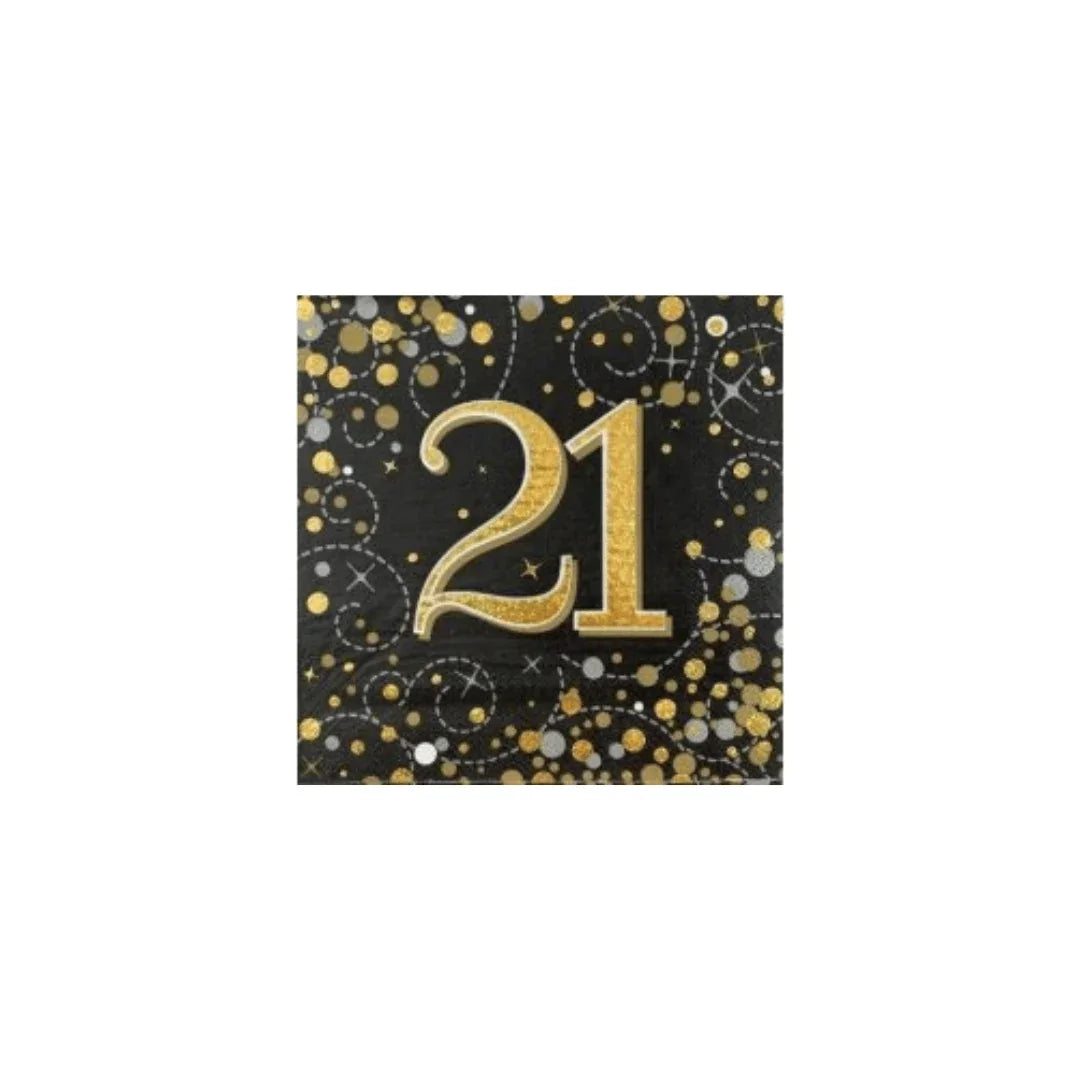 Black and gold glitter party napkins featuring a large gold number 21