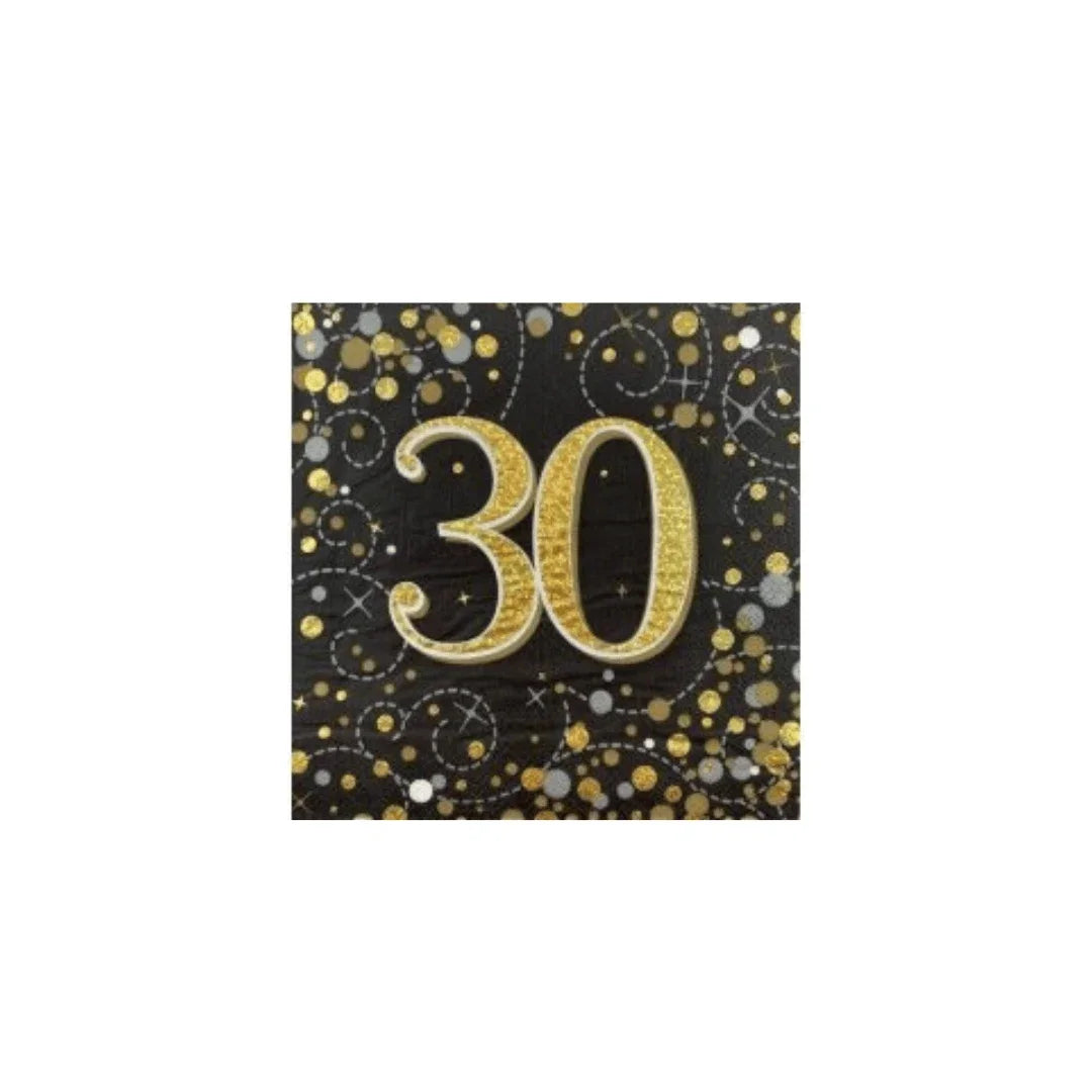 Gold glitter number 30 on a black background with gold and silver confetti