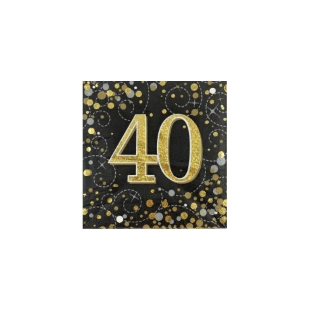 Gold glittery number 40 on a black background with gold and silver confetti