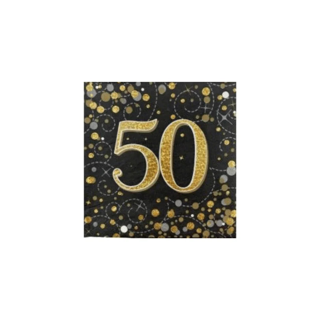 Gold glitter number 50 on a black background with gold and silver confetti