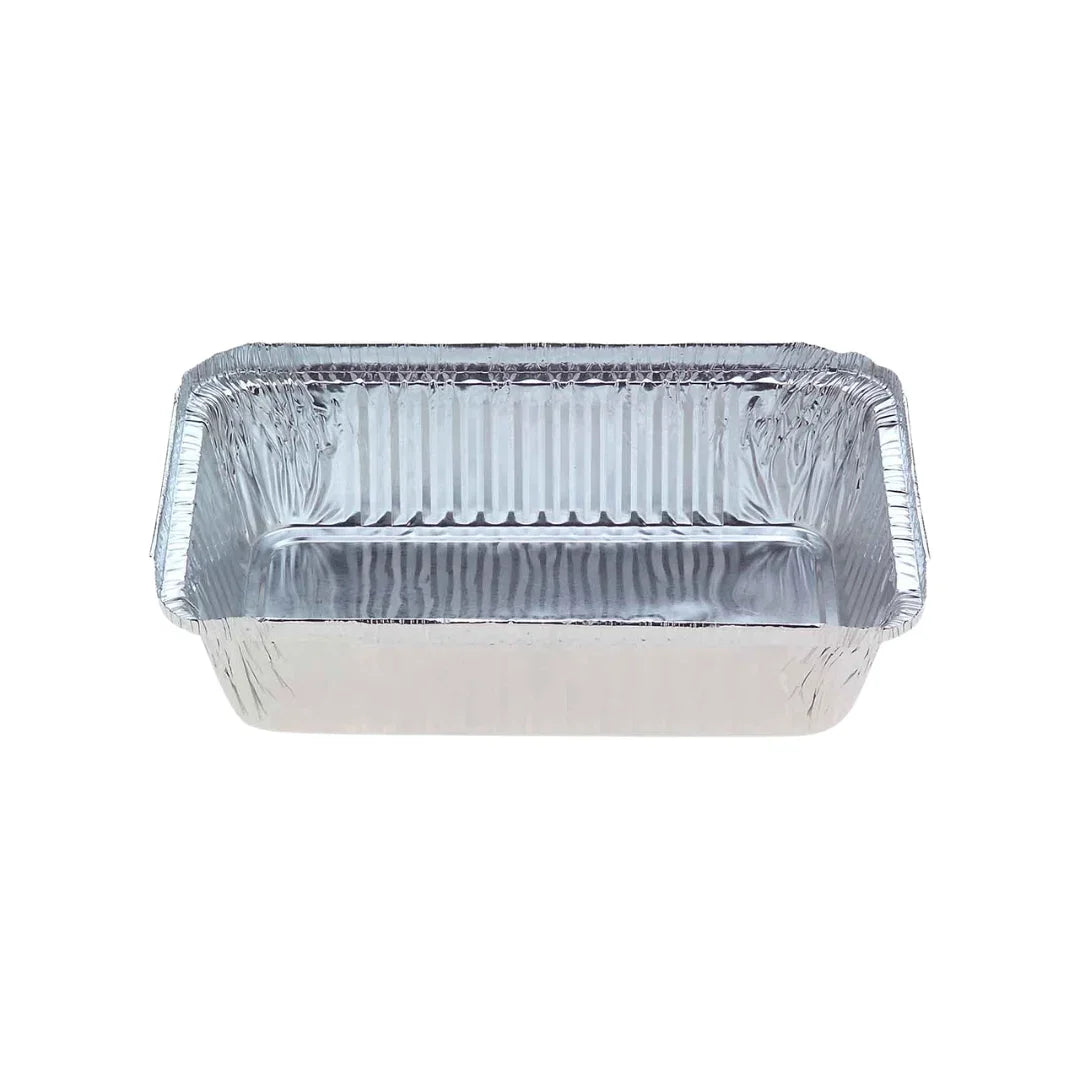 Rectangular disposable aluminum foil catering container on a white background