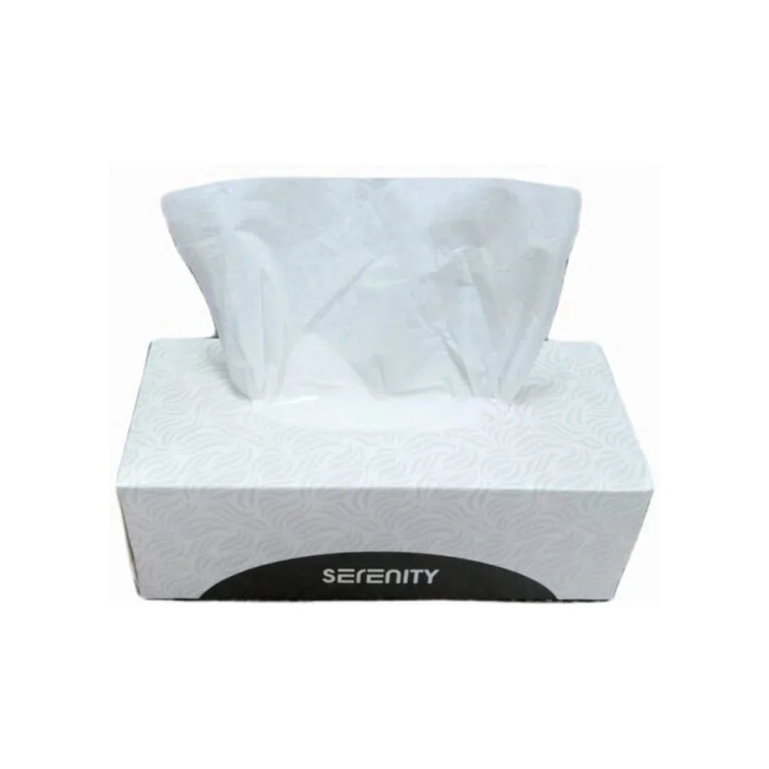 Serenity brand facial tissues in a patterned white dispenser box