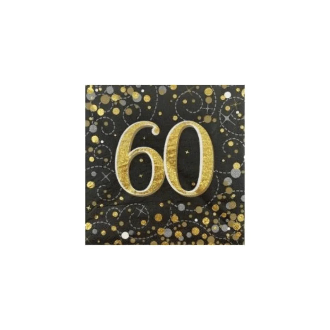 Gold glittery number 60 on a black background with gold and silver confetti.