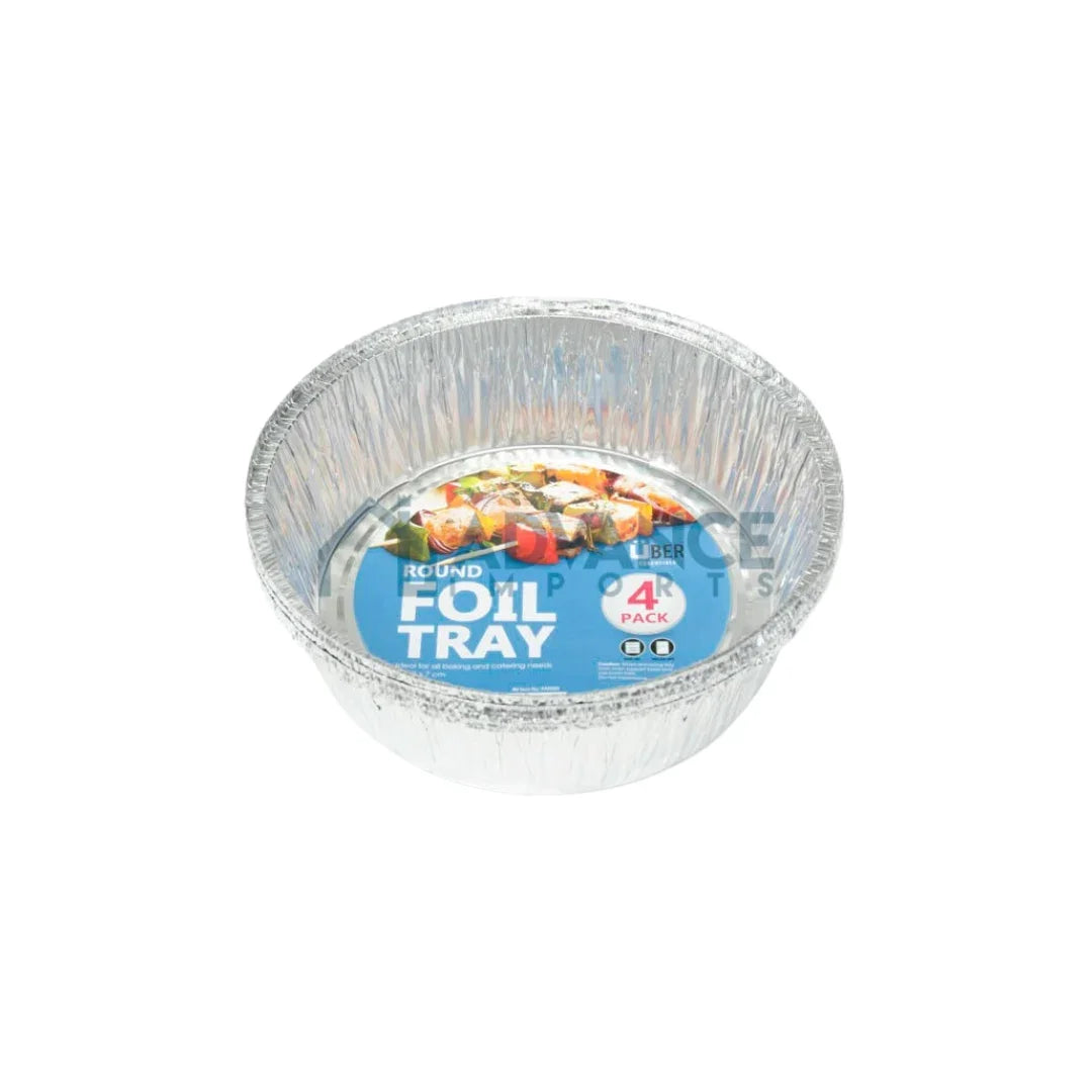 Disposable round aluminum foil catering tray with label showing food presentation
