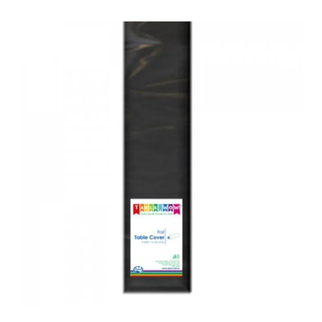 Roll of black plastic disposable table covers for catering and party supplies