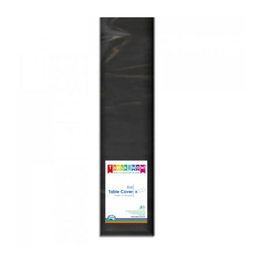 Roll of black plastic disposable table covers for catering and party supplies
