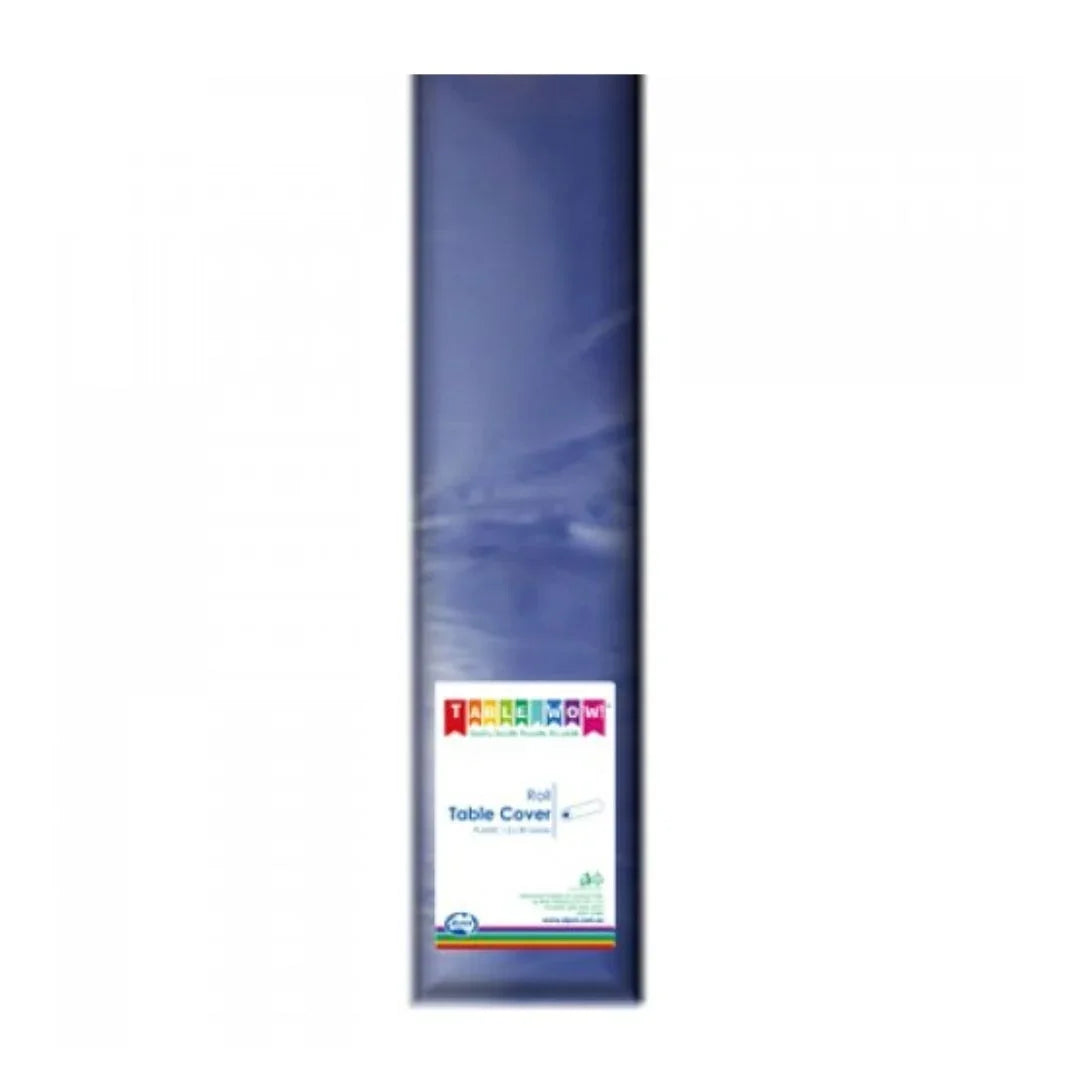 Roll of blue plastic disposable table covers for catering and parties