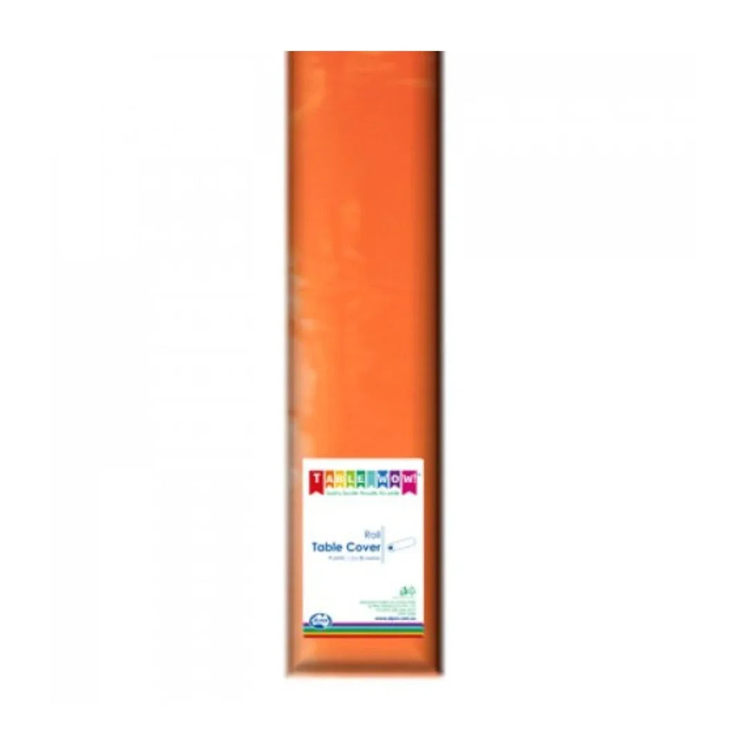 Roll of orange plastic disposable table cover for party and catering supplies