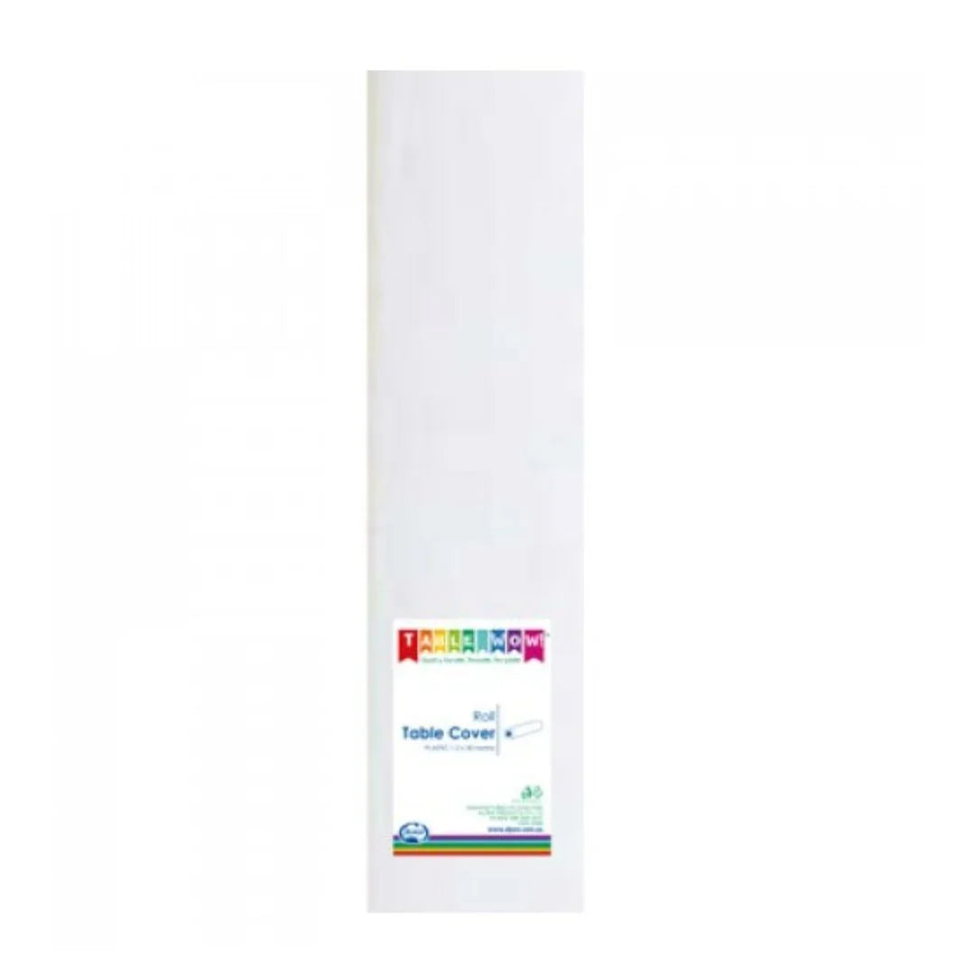 A roll of white plastic disposable table cover for parties and catering.