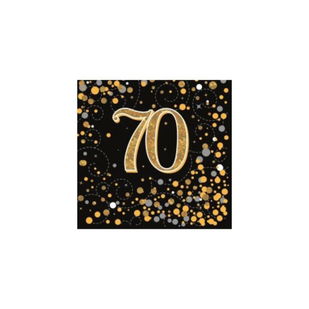 Gold glittery number 70 on a black background with gold and silver confetti