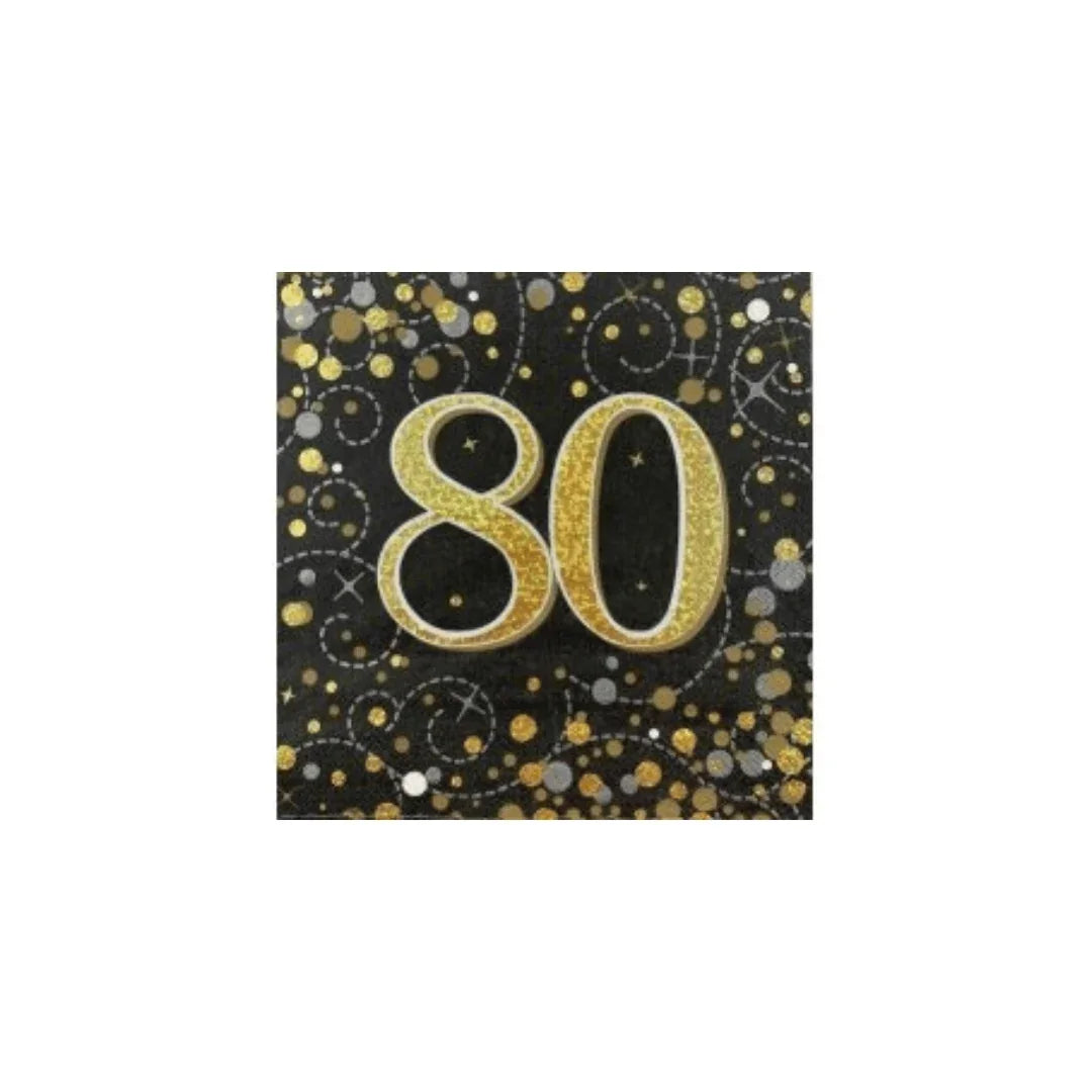 Gold glitter number 80 on a black background with gold confetti and swirls