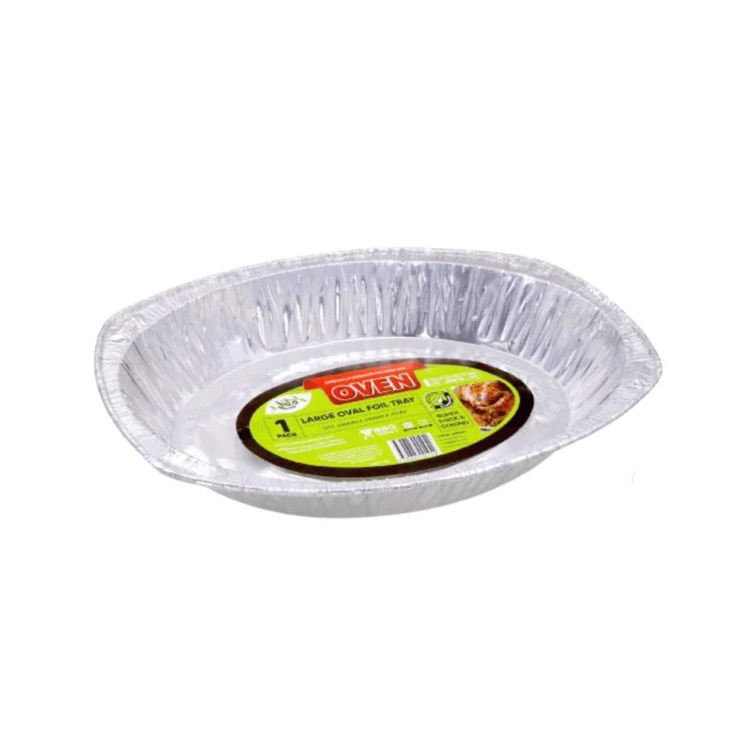 Large oval disposable aluminum foil tray for oven use