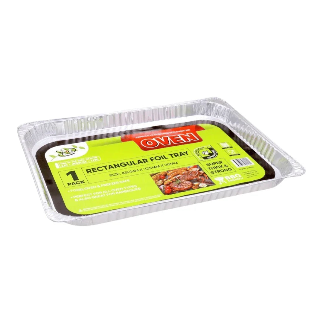 Single rectangular aluminium foil catering tray with product label