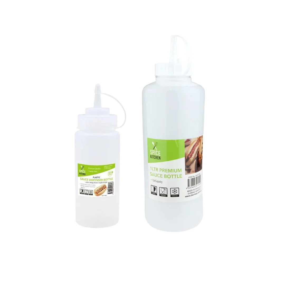 Two Spice Kitchen clear plastic sauce dispenser bottles in different sizes with nozzle caps.