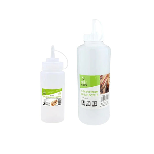 Two Spice Kitchen clear plastic sauce dispenser bottles in different sizes with nozzle caps.