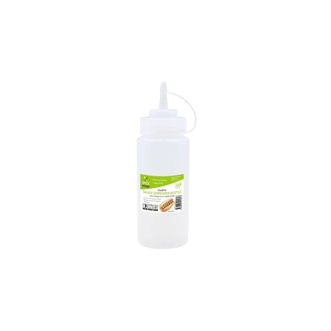 Clear plastic sauce dispenser squeeze bottle with a white nozzle and cap