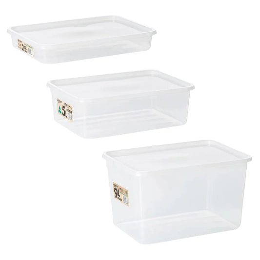 Three clear plastic storage containers with lids in varying sizes: 2.5L, 5L, and 9L.
