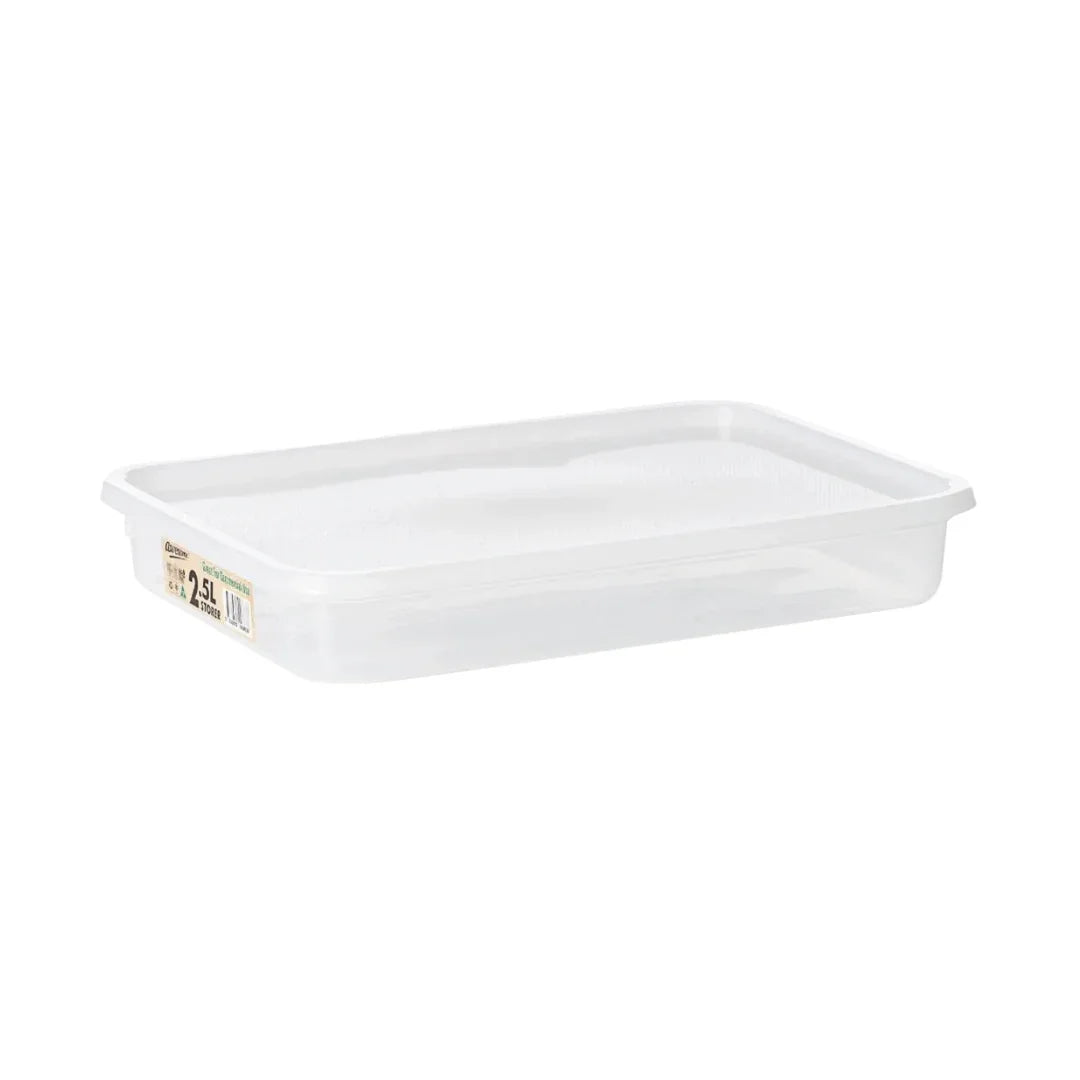 Clear plastic rectangular food storage container with lid