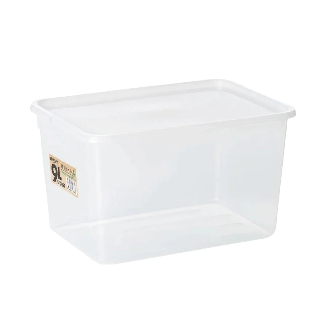 Clear plastic storage container with lid and 9L capacity label