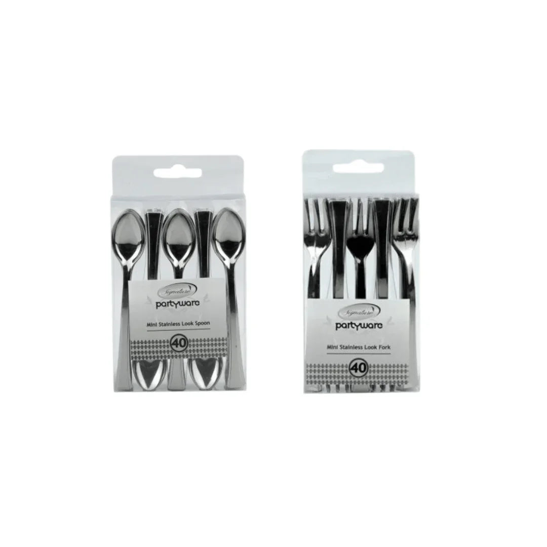 Two packs of Partyware mini stainless look spoons and forks, 40 pieces per pack.